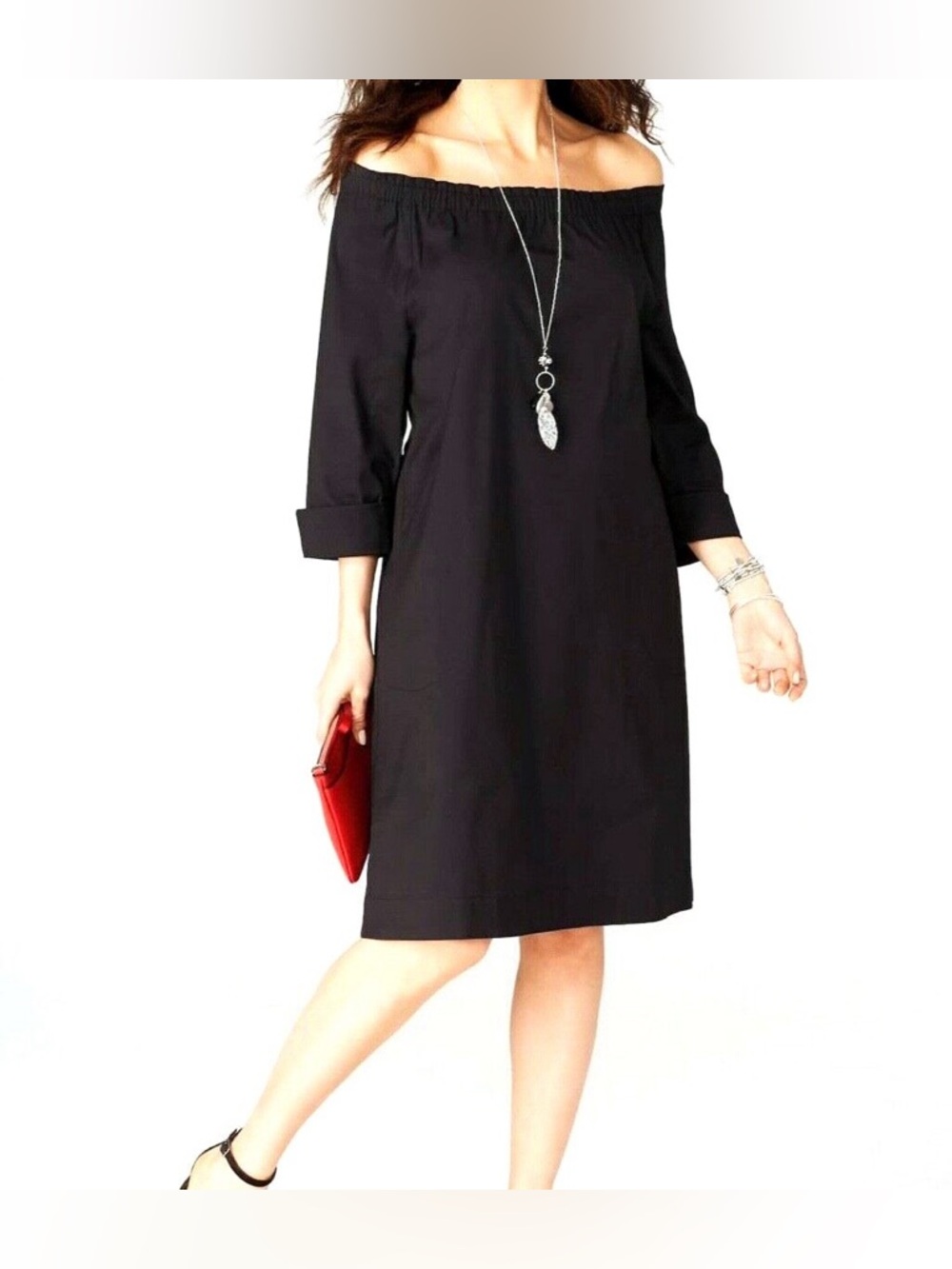 J JILL Black Smock Elastic Boat Neck Cuff 3/4 Sleeve above knee black dress MP